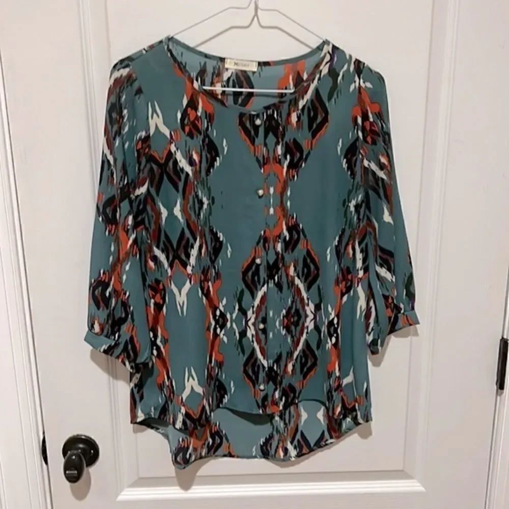 Everly Ink Blot Teal, Orange and Black Blouse with Pearl Buttons
